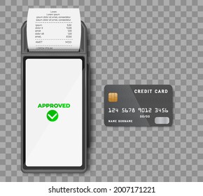 Realistic 3d Detailed Bank POS Terminal with tick marks on screens, credit cards, smartphone and transaction receipt. Mockup template, Top View.