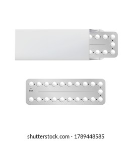 Realistic 3d Detailed Birth Control Pills Set Oral Contraceptive Tablets and Opened Packing Hormonal Protection Concept for Woman. Vector illustration