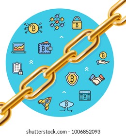 Realistic 3d Detailed Bitcoin Currency Concept with Golden Shining Chain, Blue Circle and Color Outline Icons. Vector illustration