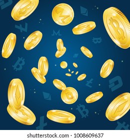 Realistic 3d Detailed Bitcoin Currency Falling Background Fast Growth, Success or Profit Business Concept. Vector illustration of Fly Coins