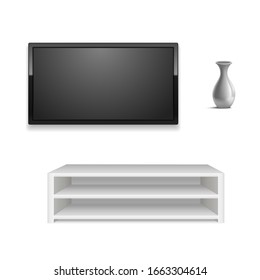 Realistic 3d Detailed Black LED Tv on White Wall SetInterior of a Room, Hotel or Office. Vector illustration