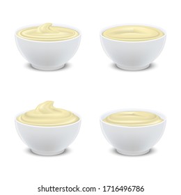 Realistic 3d Detailed Blank Bowls Sour Cream, Yogurt or Mayonnaise Empty Template Mockup Set on a White. Vector illustration