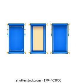 Realistic 3d Detailed Blue Chinese Scroll Set Traditional Decorative Papers. Vector illustration of Asian Style Hanging Scrolls
