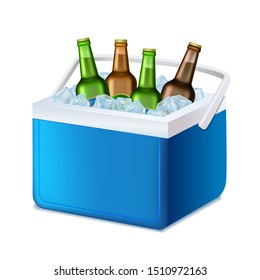 Realistic 3d Detailed Blue Handheld Refrigerator with Beer Bottles. Vector illustration of Freezer Container for Camping