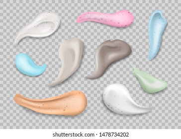 Realistic 3d Detailed Body Scrubs Smears Swatch Set on a Transparent Background. Vector illustration of Cosmetics Beauty Product Strokes