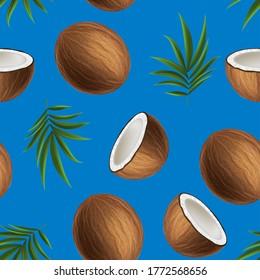 Realistic 3d Detailed Brown Exotic Whole Coconut, Half and Green Leaf Seamless Pattern Background . Vector illustration of Fresh Tropical Fruit