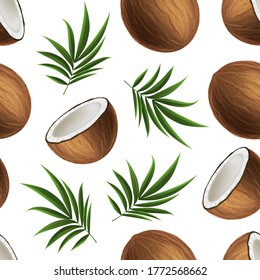 Realistic 3d Detailed Brown Exotic Whole Coconut, Half and Green Leaf Seamless Pattern Background on a White. Vector illustration of Fresh Tropical Fruit