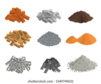 Realistic 3d Detailed Building Materials Set Include of Brick, Cement, Sand, Stone Gravel and Metal. Vector illustration