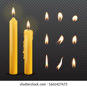 Realistic 3d Detailed Burning Candle and Flame Set on a Transparent Background. Vector illustration of Wax Candlelight