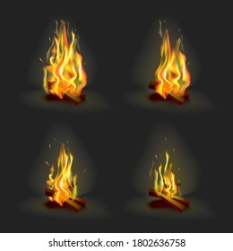 Realistic 3d Detailed Burning Fire Flame Set on a Background Symbol of Blaze Bonfire. Vector illustration