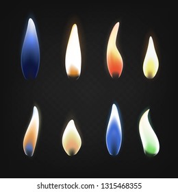 Realistic 3d Detailed Burning Multicolored Flame of Gas Set. Vector