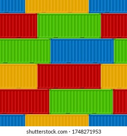 Realistic 3d Detailed Cargo Container Row Seamless Pattern Background for Freight Transport Industry Shipping, Storage and Delivery. Vector illustration