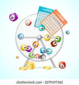 Realistic 3d Detailed Casino Concept Fortune Wheel with Lottery Balls, Blanks Table and Golden Coins. Vector illustration