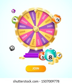 Realistic 3d Detailed Casino Fortune Wheel and Lottery Balls, Gold Coin Stacks Lucky Concept. Vector illustration