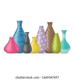 Realistic 3d Detailed Ceramic Vase Color Row Set Different Type. Vector illustration of Pottery Decorative Element for Interior