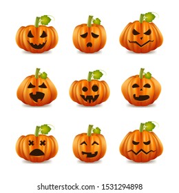 Realistic 3d Detailed Characters Halloween Pumpkin Set Spooky, Horror and Fun Emotion. Vector illustration for Autumn Celebration