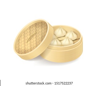 Realistic 3d Detailed Chinese Dumplings Set Asian Food. Vector illustration of Bamboo Steamers Basket with Dim Sum