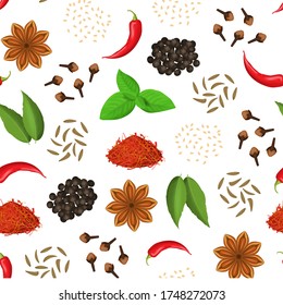 Realistic 3d Detailed Classic Spices Seamless Pattern Background Include of Clove, Chili Pepper, Anise Star, Cumin and Saffron. Vector illustration of Condiment