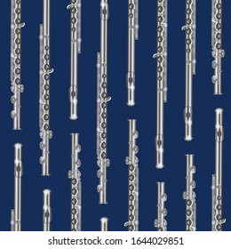 Realistic 3d Detailed Classical Flute Musical Seamless Pattern Background Classic Music Instrument Concept. Vector illustration