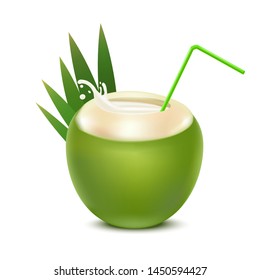 Realistic 3d Detailed Coconut Water Drink with Straw and Green Leaf. Vector illustration of Healthy Fresh Drink