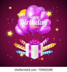 Realistic 3d Detailed Color Balloons and Present Box Birthday Card Concept with Firework Rocket. Vector illustration Symbol of Happy Anniversary