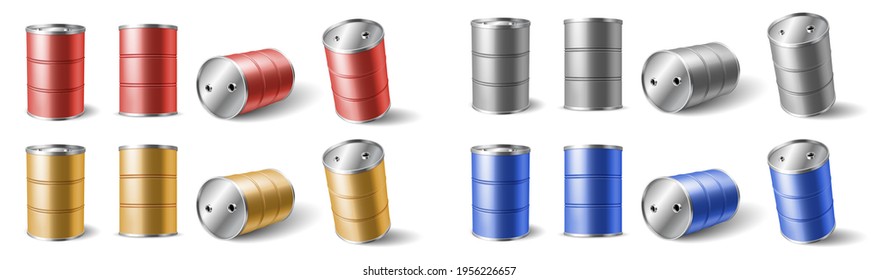 Realistic 3d detailed color barrels set for oil, gas, petroleum, gasoline or petrol package, storage and transportation. 3d vector illustration