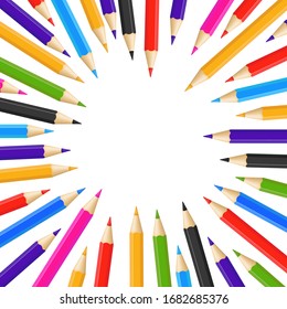 Plantilla de diseño de redondeo de lápiz 3d detallado en color realista para oficina y educación en la escuela. Ilustración del vector