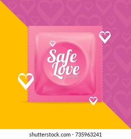 Realistic 3d Detailed Condoms Package Safe Love with Heart Shape Concept Symbol of Romance Couple Contraception Method . Vector illustration
