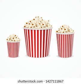 Realistic 3d Detailed Corn Buckets Set Different Size Big, Middl and Small Popcorn Bucket. Vector illustration of Movie Food