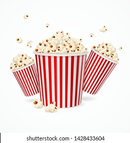 Realistic 3d Detailed Corn Buckets Set on a White. Vector illustration Popcorn Bucket Symbol of Cinema Snack