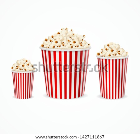Realistic 3d Detailed Corn Buckets Set Different Size Big, Middl and Small Popcorn Bucket. Vector illustration of Movie Food