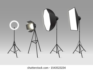 Realistic 3d Detailed Different Spotlights Set Include of Floodlight, Lamp and Flashlight on a Grey. Vector illustration