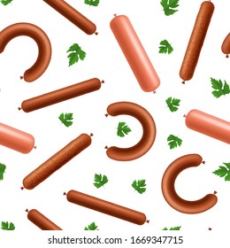 El 3d detallado y realista Tipo Diferente Saca el Fondo del patrón sin inconvenientes en un producto blanco de carne de res o cerdo. Ilustración vectorial de la salchicha
