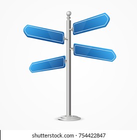 Realistic 3d Detailed Direction Road Signs Empty Blank Blue Arrow Isolated on a White Background Symbol of Choice. Vector illustration