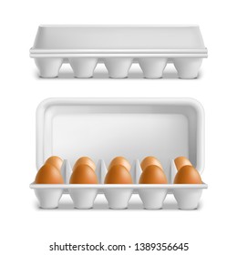 Realistic 3d Detailed Eggs Tray Set Opened and Closed View. Vector illustration of White Template Container Box