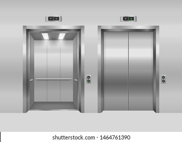 Realistic 3d Detailed Elevator with Opened and Closed Metal Doors Modern Interior Office or Hotel. Vector illustration