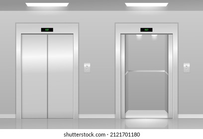 Realistic 3d Detailed Elevator with Opened and Closed Metal Doors Modern Interior Office or Hotel. Vector realistic empty lobby interior with lift