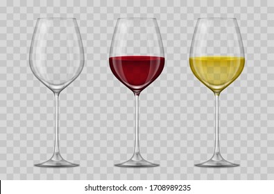 Realistic 3d Detailed Empty, White And Red Wine Glass Set On A Transparent Background. Vector Illustration