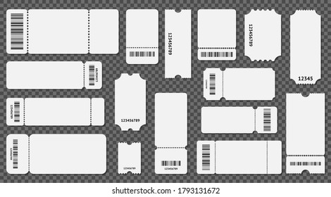 Realistic 3d Detailed Empty White Ticket Template Set on a Transparent Background. Vector illustration of Tickets