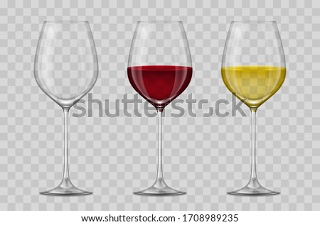 Realistic 3d Detailed Empty, White and Red Wine Glass Set on a Transparent Background. Vector illustration