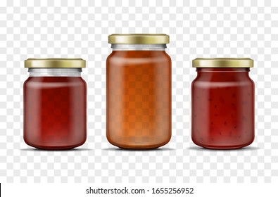 Realistic 3d Detailed Glass Jar Set for Jam, Fruit Confiture and Honey on a Transparent Background. Vector illustration