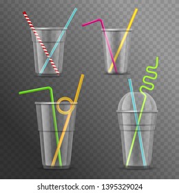 Realistic 3d Detailed Glasses with Color Straws Set on a Transparent Background for Drink on Party. Vector illustration