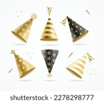 Realistic 3d Detailed Gold Party Hat Set Symbol of Celebration Happy Birthday or Anniversary. Vector illustration