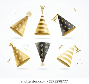 Realistic 3d Detailed Gold Party Hat Set Symbol of Celebration Happy Birthday or Anniversary. Vector illustration