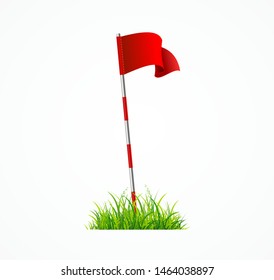 Realistic 3d Detailed Golf Red Flag Pole with Green Grass for Sport Game on a White Background. Vector illustration
