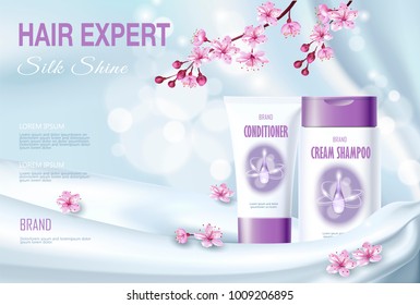 Realistic 3D detailed hair care cosmetic package silk textile. Product package mockup shiny fabric promotional ad poster template. Pearl light pink sakura cherry spring flower vector illustration