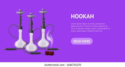 Realistic 3d Detailed Hookah with Smoking Pipe Card Ad. Vector illustration of Oriental Shisha