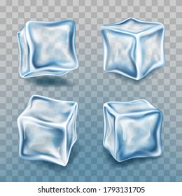 Realistic 3d Detailed Ice Cubes Set on a Transparent Background for Freshness Drink and Cocktail. Vector illustration