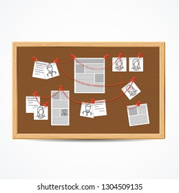 Realistic 3d Detailed Investigation Board or Detective Map with Pinned Photos and Note. Vector illustration of Plan Work