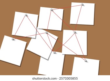 Realistic 3d Detailed Investigation Board or Detective Map with Pinned Paper and Note. Vector illustration of Plan Work	